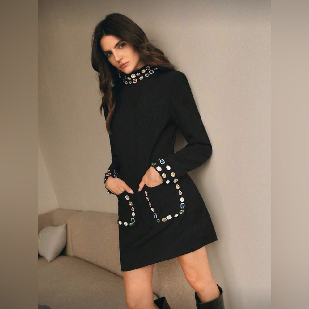 ✨💫Elegant Black Dress with Rhinestone Embellished Details - Medium SHEIN